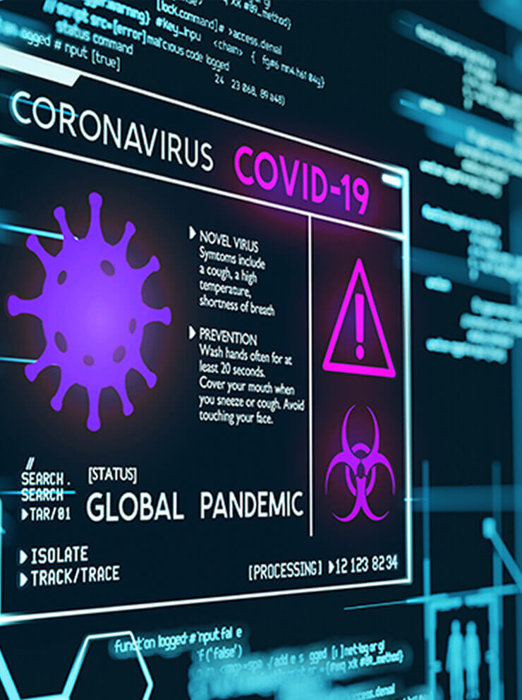 A digital screen showing Covid-19 information and icons.