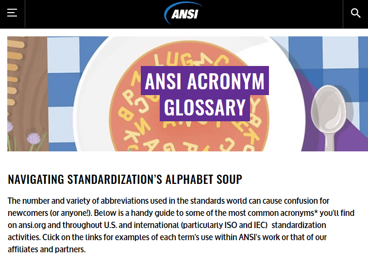 Image of ANSI acronym glossary webpage.