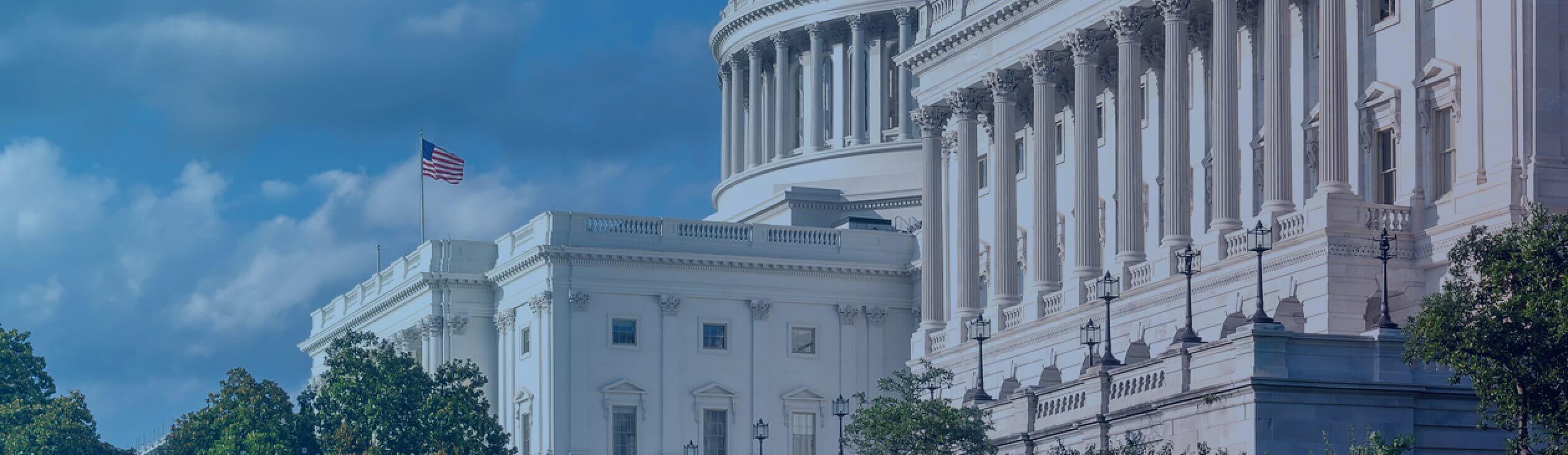 U.S. flag and government buildings in Washington, DC.