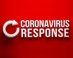 The words "coronavirus response" with a circular arrow in white on a red background.