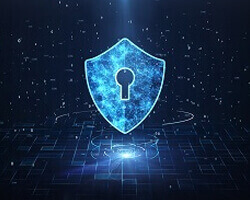 An illustration of blue cyber patterns and a shield with a keyhole in it. 