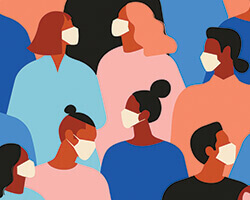 An illustration of multi-racial men and women wearing protective face masks.