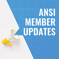 Megaphone with the words ANSI Member Updates against a blue and white background.