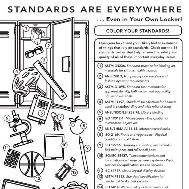 A black-and-white coloring-sheet version of an illustration of a student's school locker with all kinds of stuff tumbling out of it and a key indicating where standards can be found in the scene. 