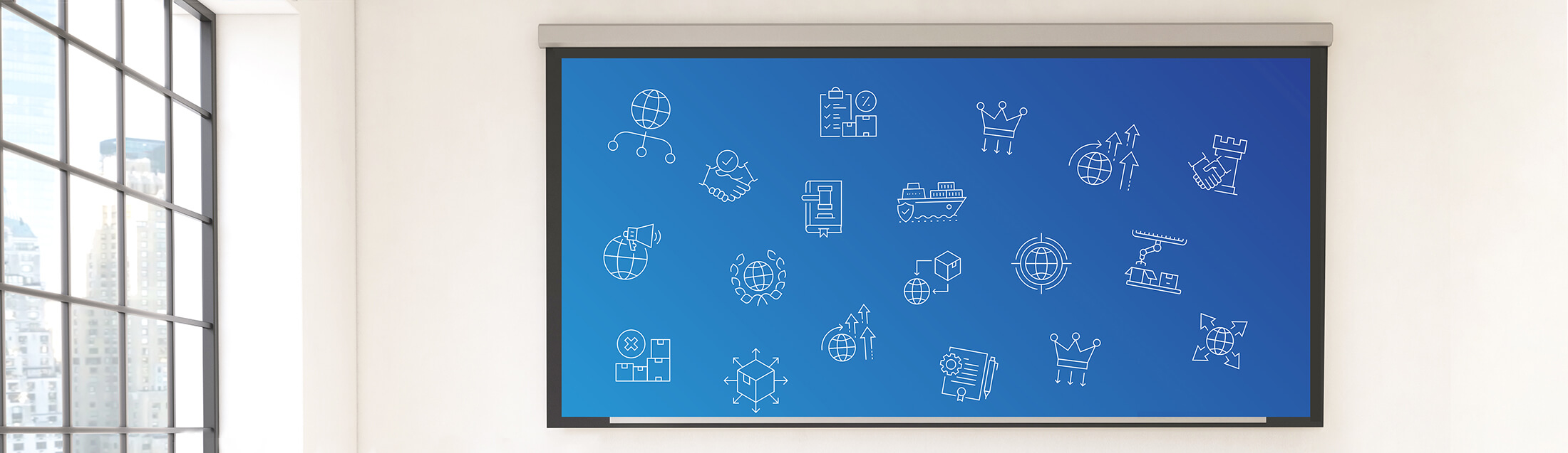 A blue wallboard in an office with global icons written on it in white.