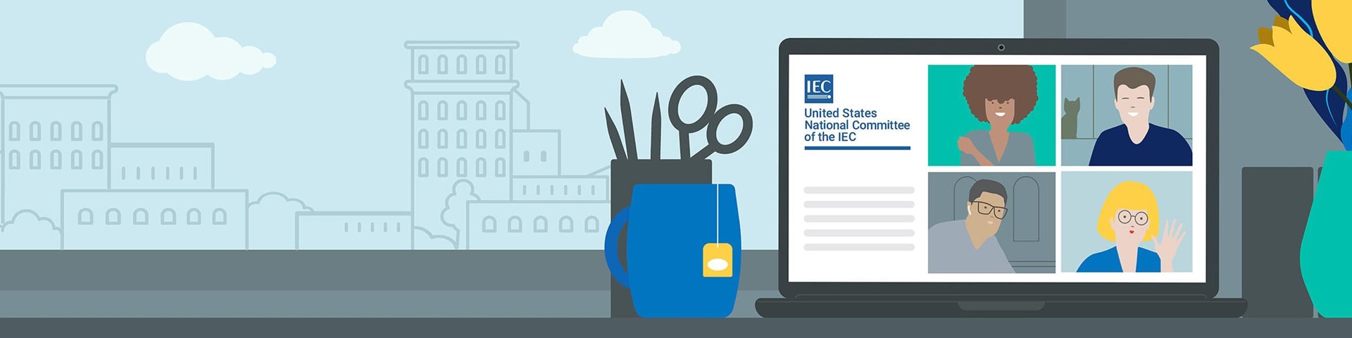 Illustration of a laptop showing a USNC webinar on a gray desk with a blue sky and buildings in the background.