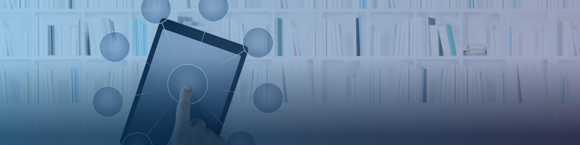 An abstract image of a hand touching a tablet computer screen with icons of connectivity and a background of library documents. 