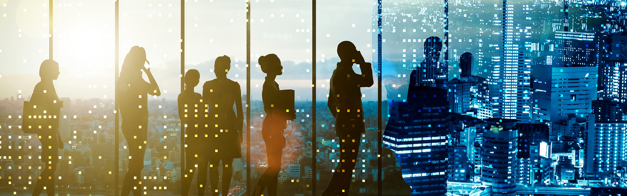 A group of businesspeople silhouetted against a modern office background.