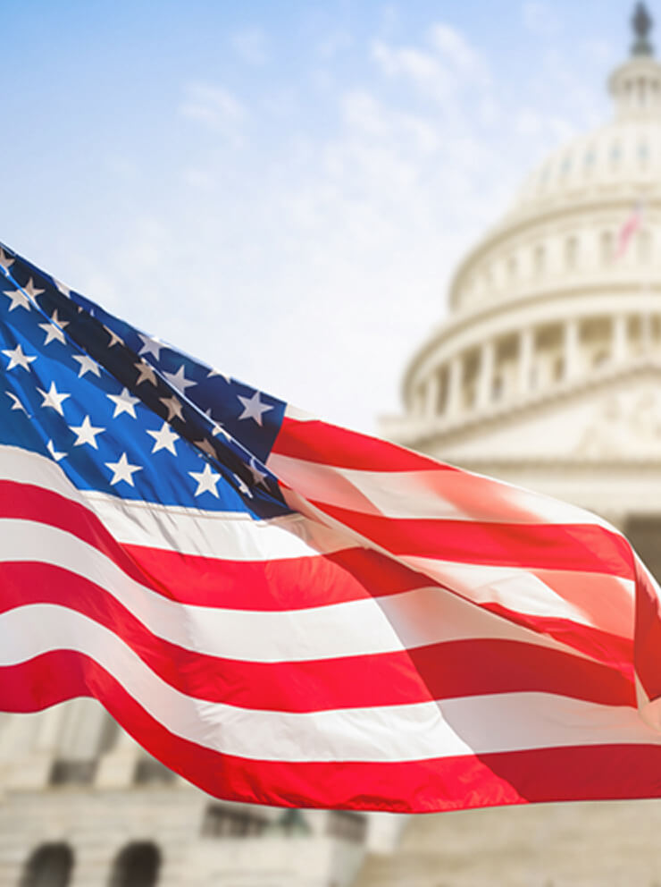 US flag in front of Capitol building