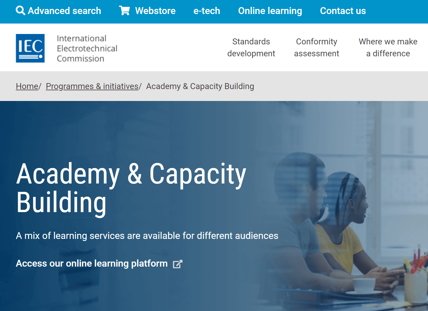 Screenshot of IEC Academy online education and training webpage.