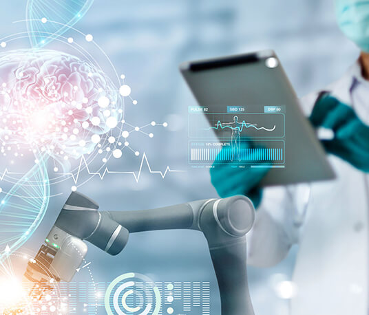 Modern blueish image of a scientists using healthcare technology.