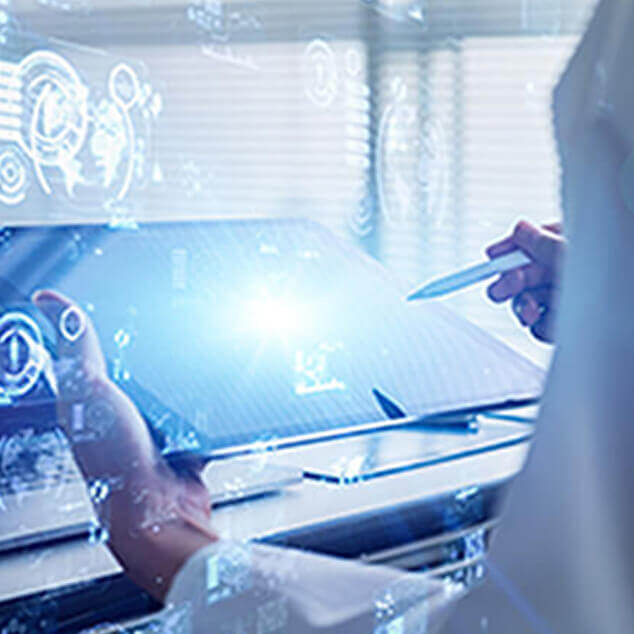 Modern blueish image of a scientists using healthcare technology.