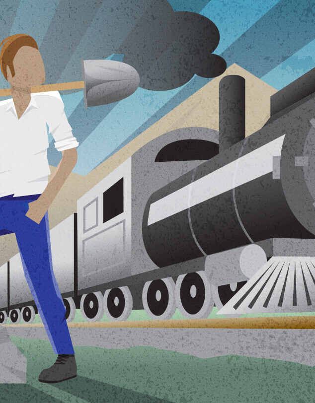 An illustration of a man and a railroad train, indicating the 1920s time period.