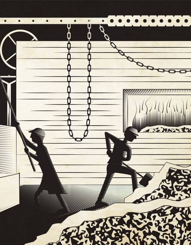 An illustration of industrial workers in a mine, indicating the 1930s time period.