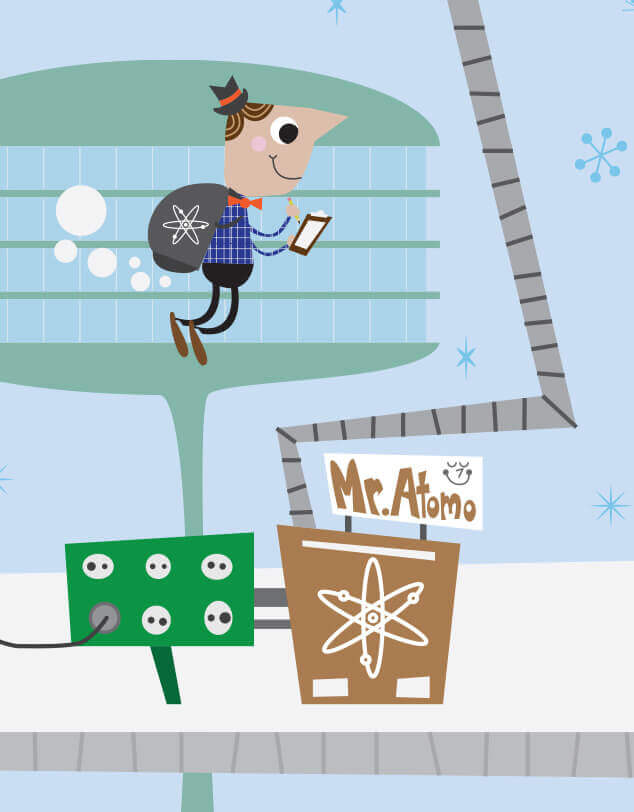 An illustration of a man with a jet pack and other innovative technology ideas, indicating the 1950s time period.