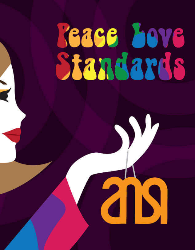 An illustration of a woman with the words "Peace, Love, Standards" in rainbow type and an old ANSI logo, indicating the 1960s time period.