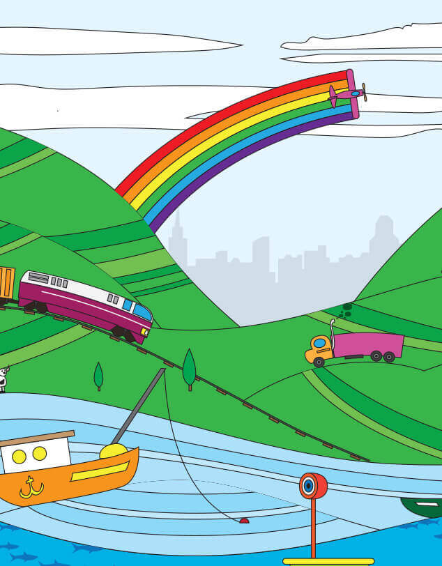 An illustration of a landscape with boats, trains, trucks and planes, and a city in the background, indicating the 1970s time period.