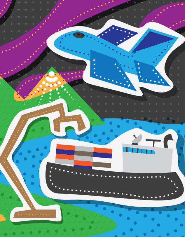 An abstract image of a jet plane and the oading of a loading container ship, indicating the 1990s time period. 