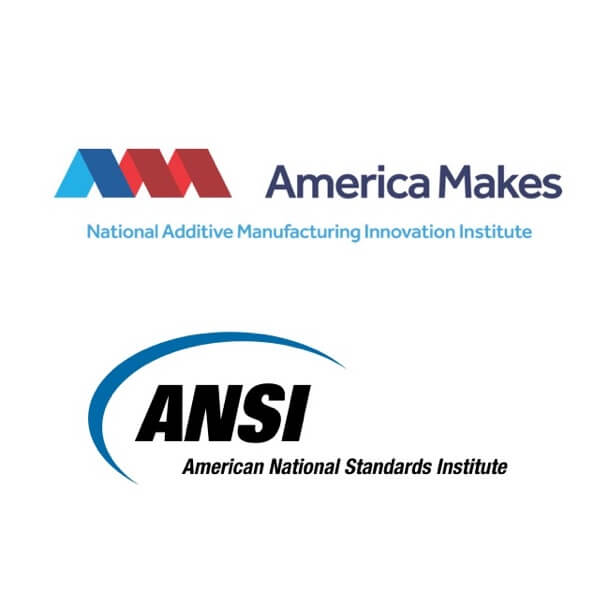 The logos of America Makes and ANSI stacked vertically. 