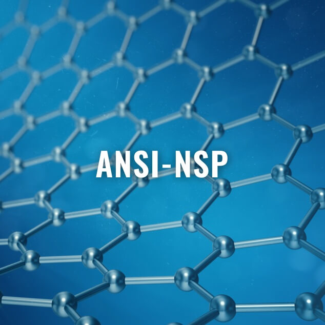 The acronym ANSI-NSP in white on an abstract nanotechnoligy image background.