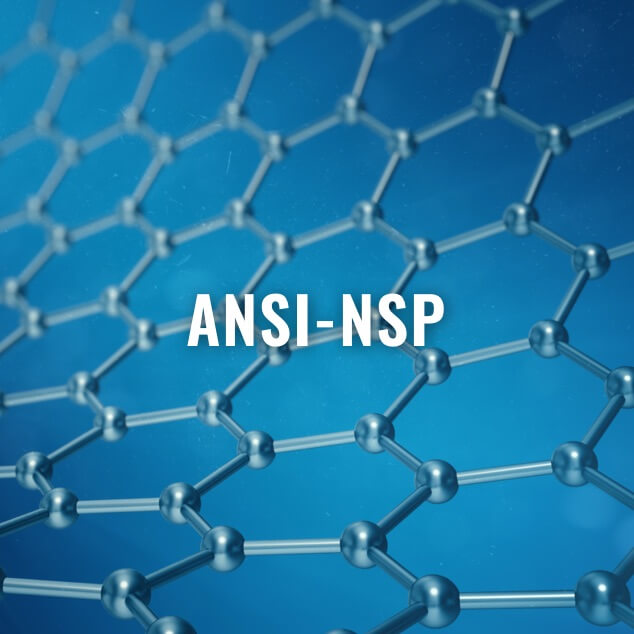 The acronym ANSI-NSP in white on an abstract nanotechnoligy image background. 