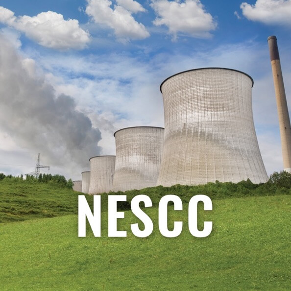 The acronym NESCC in white against the background of a nuclear power plant, grass, and sky.