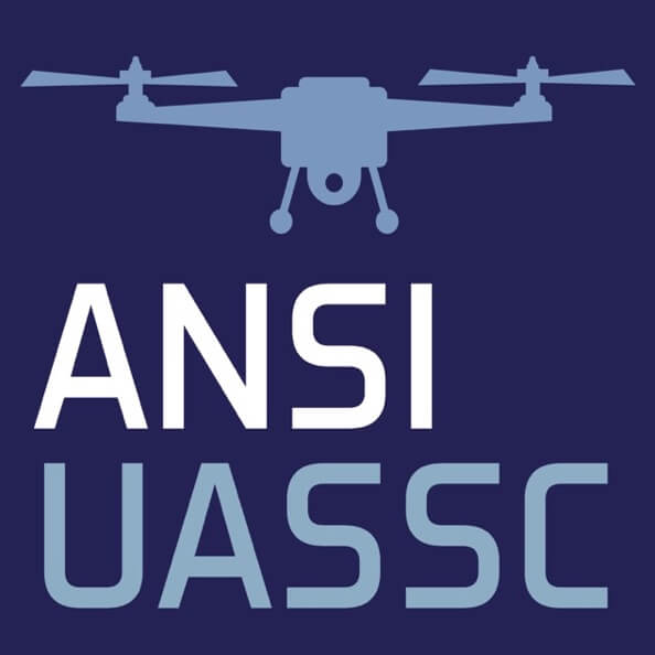 The logo of ANSI's UASSC with a light blue drone icon on a dark blue background.