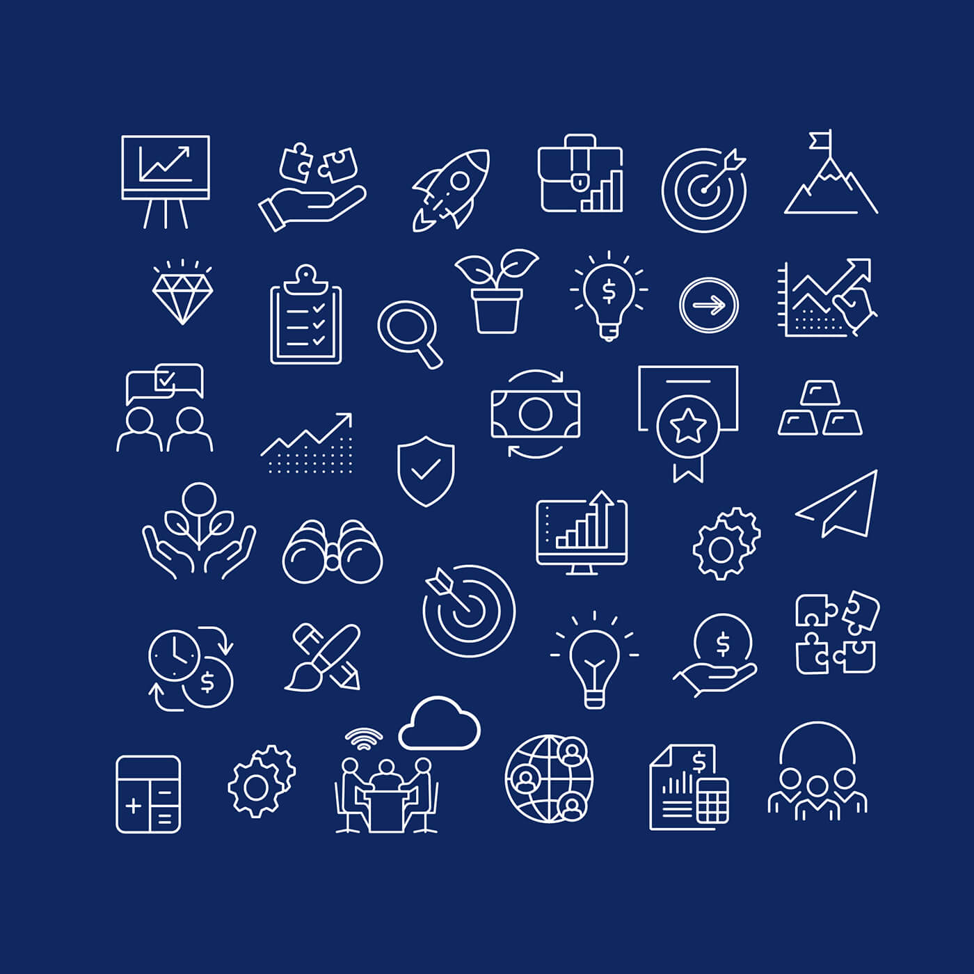 Business success icons on dark blue background