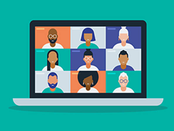Illustration of a diverse group of people on a laptop in a webinar