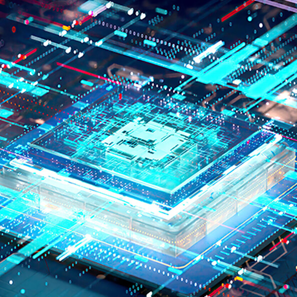 A glowing teal microprocessor chip.