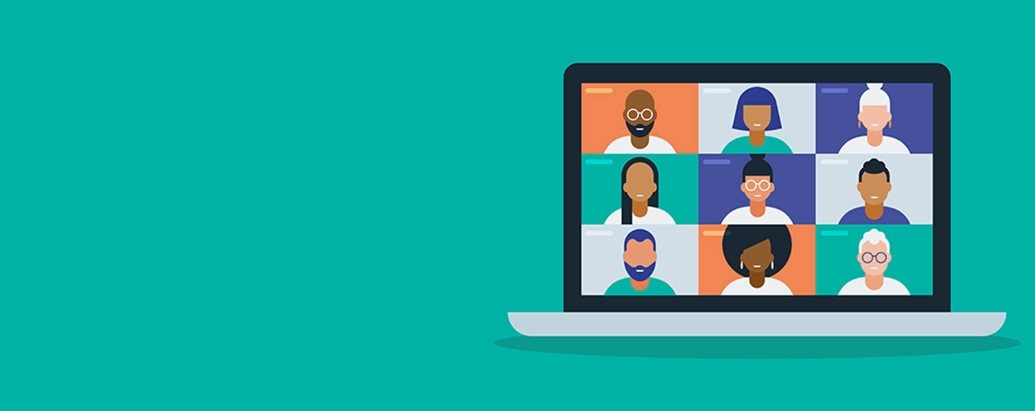 Illustration of a diverse group of webinar participants on a laptop screen against a teal background.