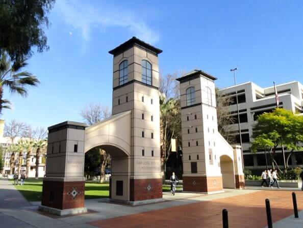 A city scene of towers and arches in San Jose, California. 